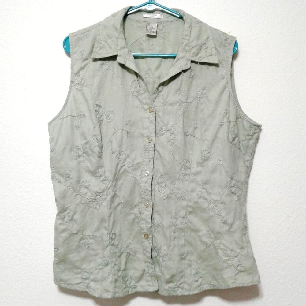 edward 100 linen embroidered sage sleeveless